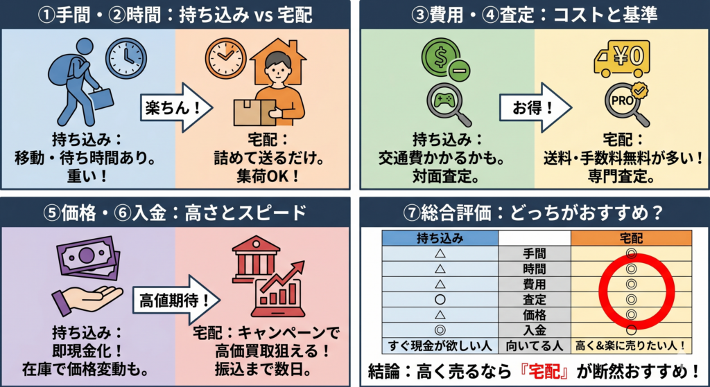 ゲーム買取の持ち込みと宅配どっちがいい？違いを7項目で比較