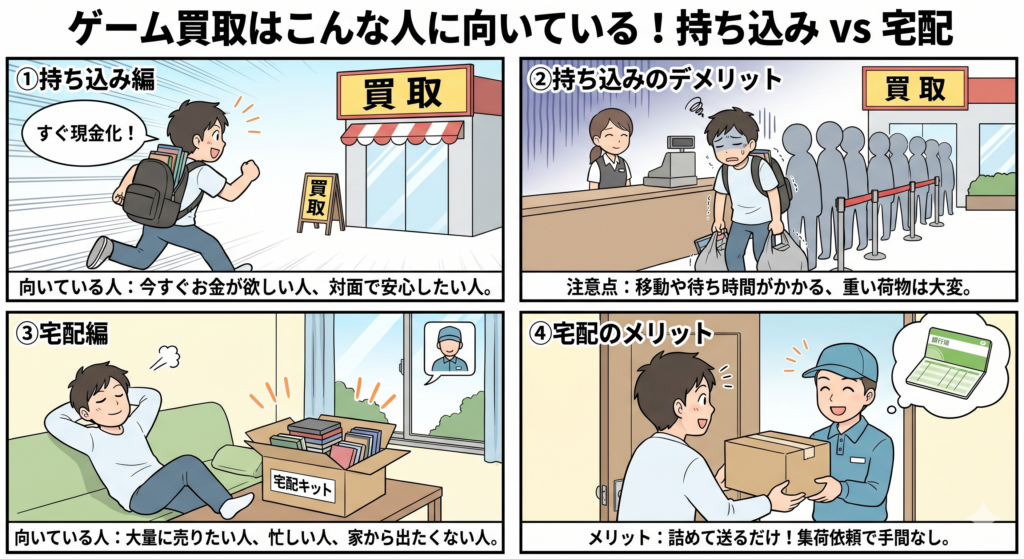 ゲーム買取はこんな人に向いている！持ち込み vs 宅配