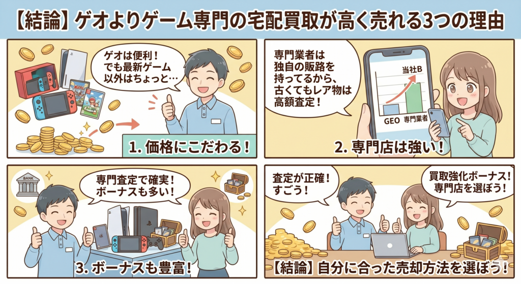 【結論】ゲオよりゲーム専門の宅配買取が高く売れる3つの理由