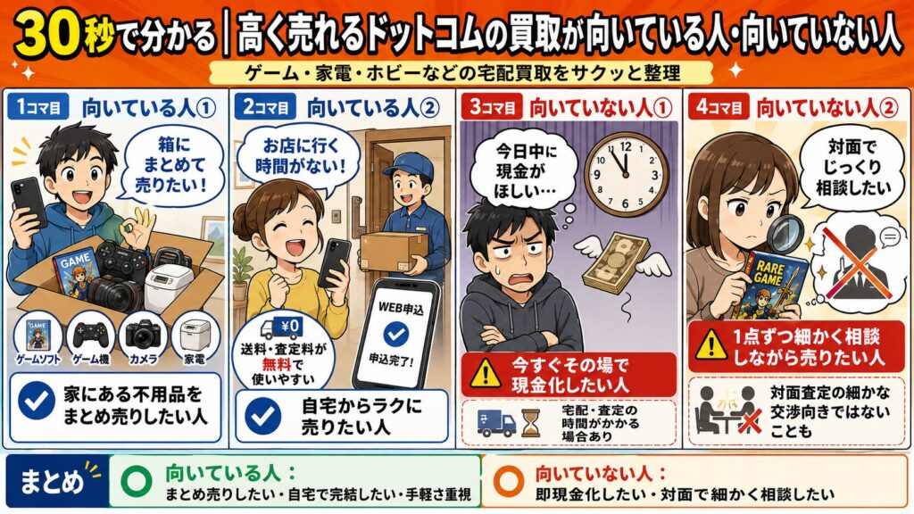 30秒で分かる｜高く売れるドットコムの買取が向いている人と向いていない人