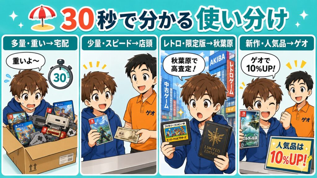 30秒で分かる｜東京のゲーム買取は「宅配×持ち込み」「品目×時間制約」で使い分け