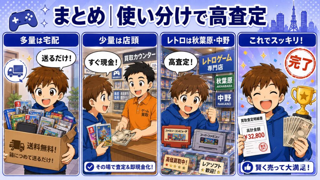 まとめ｜東京のゲーム買取は「宅配×持ち込み×品目」で使い分け