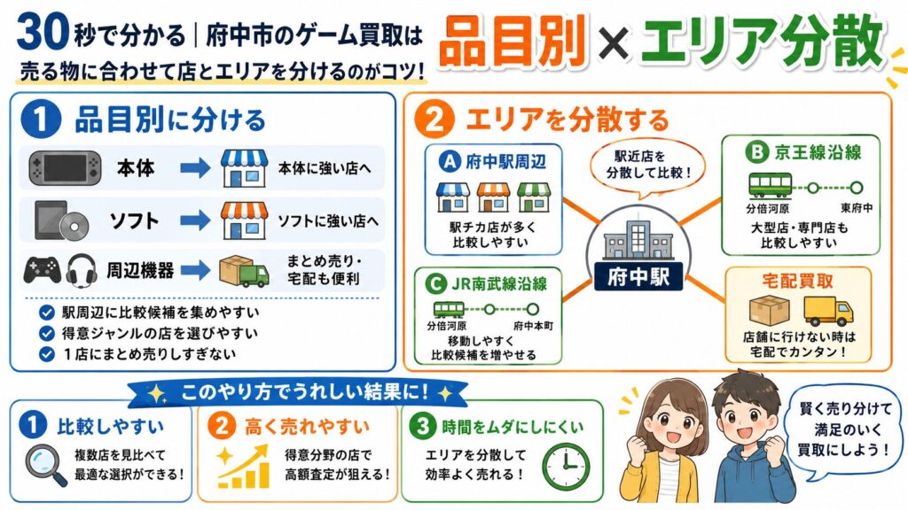30秒で分かる|府中市のゲーム買取は「品目別×エリア分散」