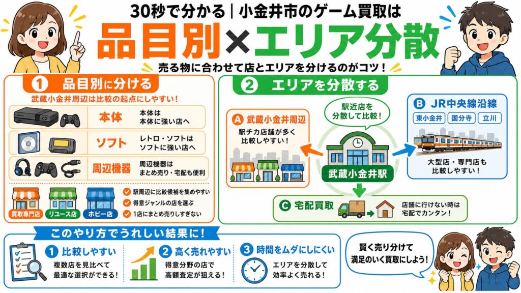 30秒で分かる|小金井市のゲーム買取は「品目別×エリア分散」