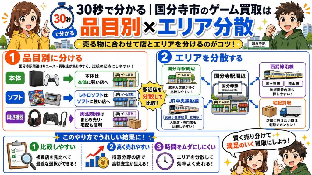 30秒で分かる|国分寺市のゲーム買取は「品目別×エリア分散」