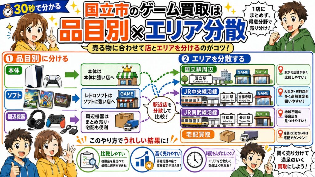 30秒で分かる｜国立市のゲーム買取は「品目別×エリア分散」